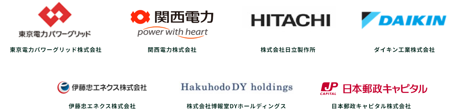 東京電力パワーグリッド株式会社 関西電力株式会社 株式会社日立製作所 ダイキン工業株式会社 伊藤忠エネクス株式会社 株式会社博報堂DYホールディングス 日本郵政キャピタル株式会社